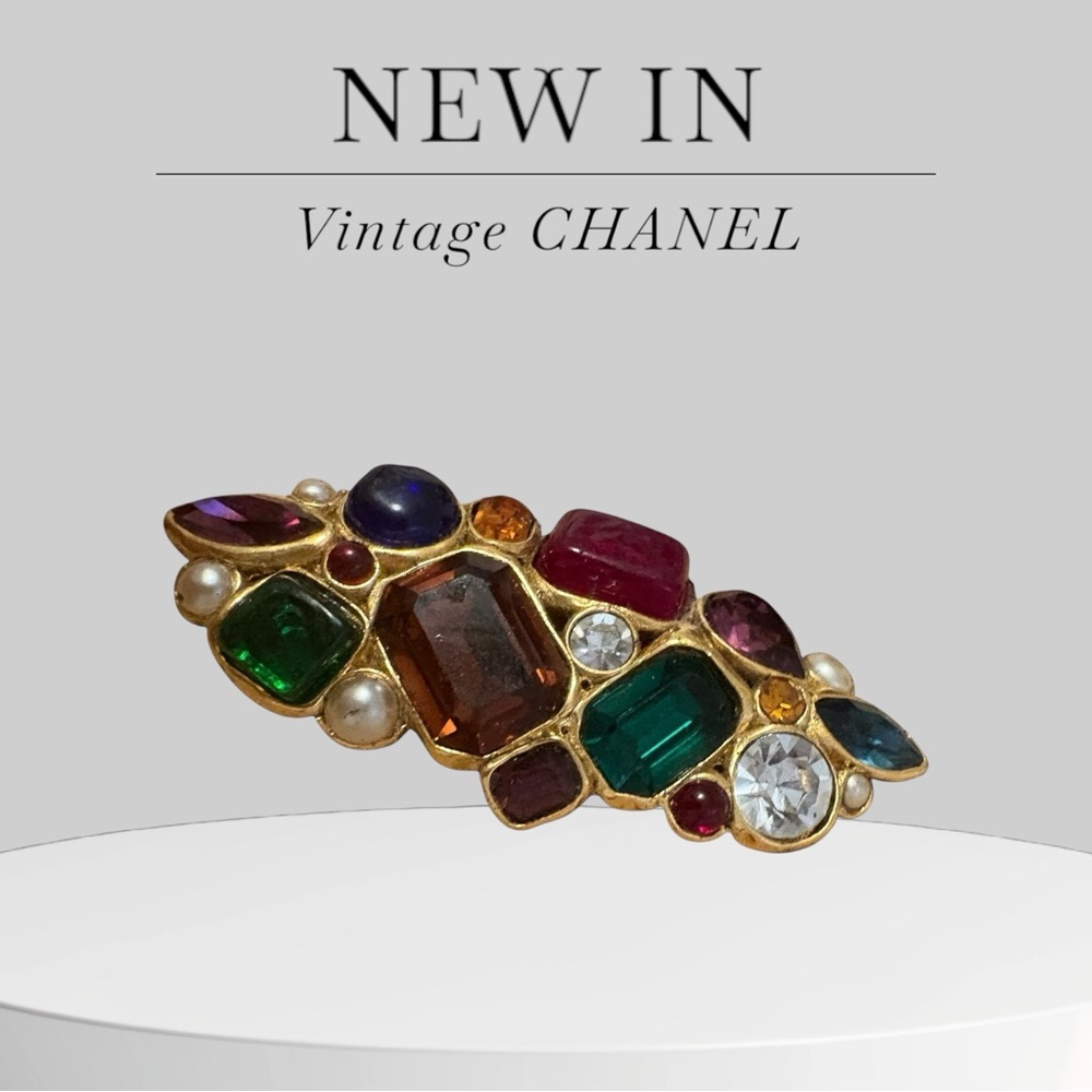 Vintage Chanel Brooch with Multicolored Glass Gems 24k gold plated